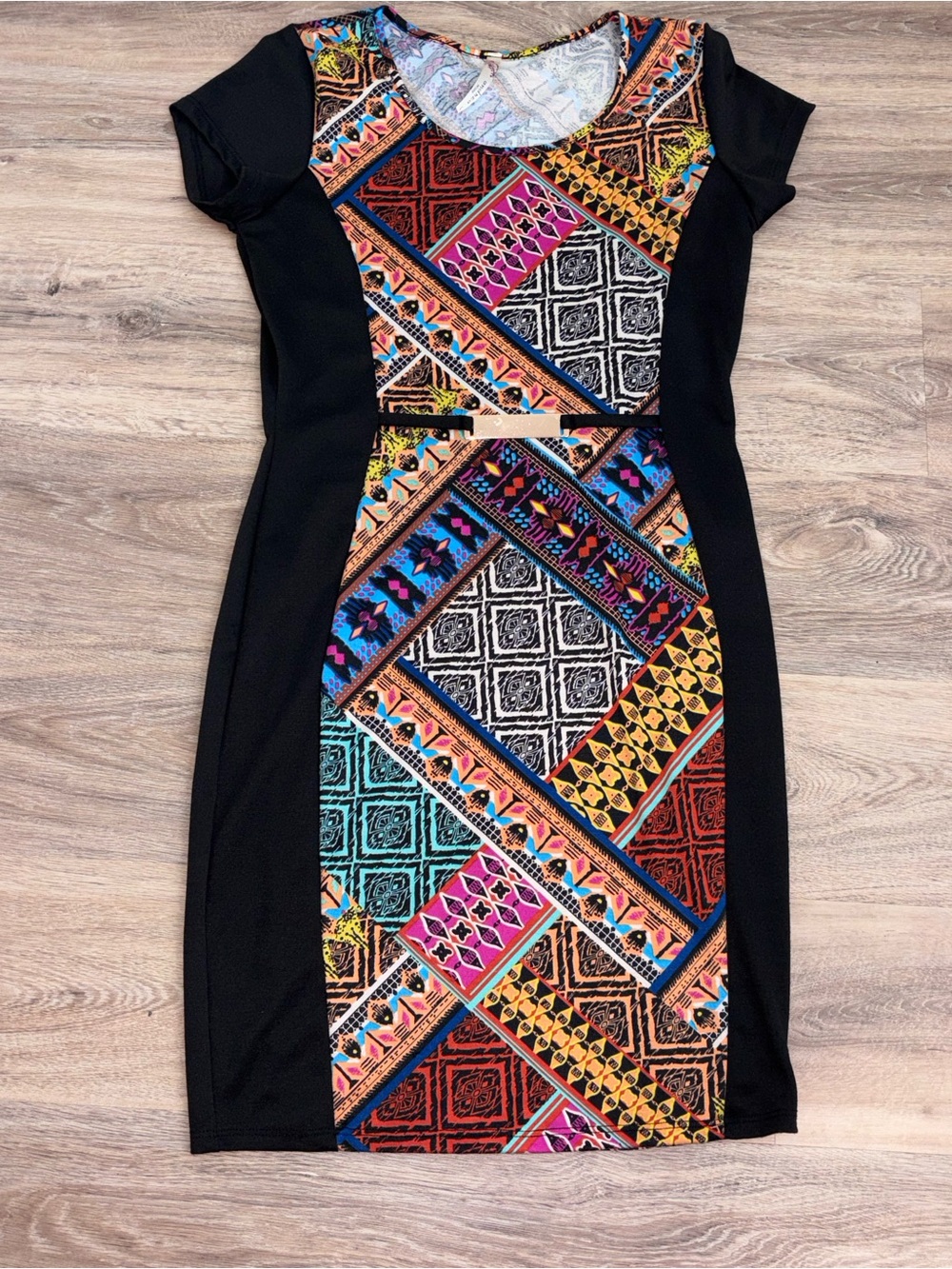 Black Sheath Dress with Multicolor Geometric Print